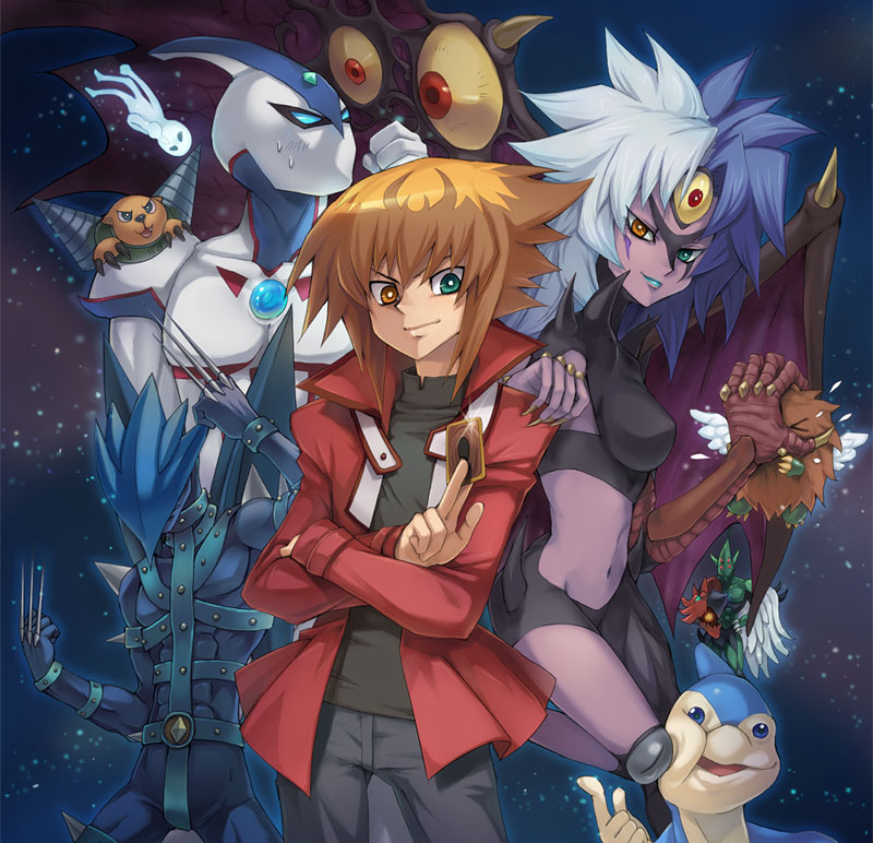 1boy, 1girl, black_shirt, brown_hair, card, closed_mouth, commentary_request, crossed_arms