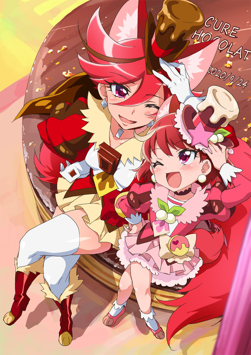 2girls, animal_ears, boots, breasts, cure_chocolat, earrings, gloves, hat, highres, jewelry, kenjou_akira, kenjou_miku, kirakira_precure_a_la_mode, magical_girl, medium_breasts, mucha_(muchakai), multiple_girls, precure, red_eyes, short_hair, siblings, sisters, sitting, thighhighs, white_gloves, white_legwear