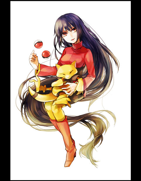 1990s_(style), 1girl, abra, black_hair, boots, dada, dada_(dolce), floating, gen_1_pokemon, gym_leader, levitation, long_hair, nintendo, pantyhose, poke_ball, poke_ball_(basic), pokemon, pokemon_(creature), pokemon_red/green/blue/yellow, retro_artstyle, sabrina_(pokemon), smile, yellow_eyes, yellow_pantyhose