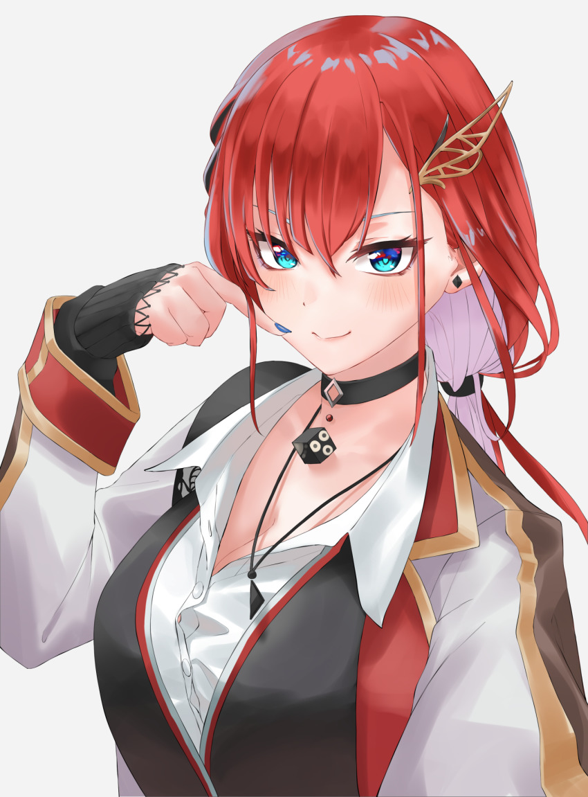 1girl, black_choker, black_shirt, black_vest, blue_eyes, blue_nails, blush, breasts