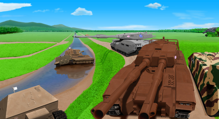 caterpillar_tracks, commentary_request, day, emblem, flag, flag_on_vehicle, forest, girls_und_panzer, grass, gundam, guntank, highres, jagdpanther, kuromorimine_(emblem), maus_(tank), military, military_vehicle, mobile_suit_gundam, motor_vehicle, mountain, nature, no_humans, ooarai_(emblem), river, tank, tiger_ii, tree, type_61_(gundam), vehicle_focus, water, white_flag, wwwww_(sswwwww)