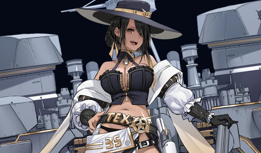 1girl, azur_lane, belt_buckle, black_panties, breasts, brown_eyes, brown_hair, buckle, bustier, cleavage, cowboy_hat, dark_skin, dishwasher1910, earrings, frilled_sleeves, frills, gloves, hair_over_one_eye, hat, highres, holder, jewelry, large_breasts, mast, navel, open_mouth, panties, rigging, ship_turret, single_glove, stud_earrings, sun_hat, texas_(dishwasher1910), underwear