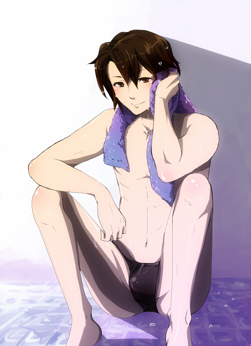 00s, 1boy, bad_id, bad_pixiv_id, barefoot, black_male_swimwear, black_swim_briefs, brown_eyes, brown_hair, bulge, koizumi_itsuki, male_focus, male_swimwear, nao_(doublexdutch), short_hair, sitting, solo, suzumiya_haruhi_no_yuuutsu, swim_briefs, swimsuit, towel