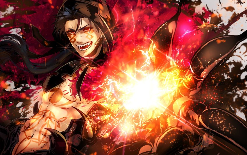 1boy, abs, bare_pectorals, betushio, blue_hair, bodypaint, claws, cu_chulainn_(fate)