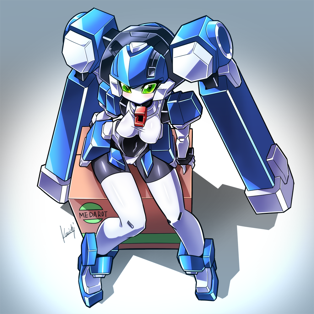 1girl, blazermate, blush, box, breasts, cardboard_box, commentary_request, copyright_name, covered_navel, full_body, gradient_background, green_eyes, joints, kouichi_(kouichi-129), medarot, no_mouth, no_nose, on_box, robot, robot_joints, shadow, signature, simple_background, sitting, sitting_on_box, solo, twintails