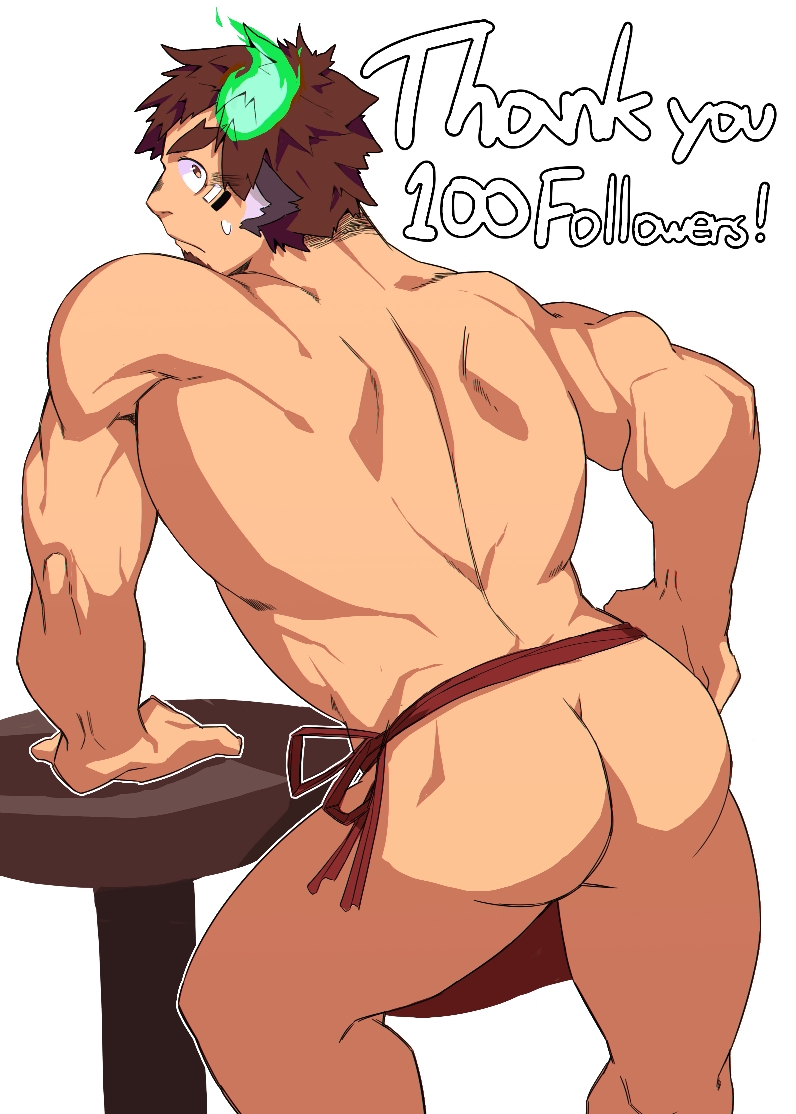 1boy, animal_ears, apron, ass, back, bara, brown_hair, cow_ears, facial_hair, feet_out_of_frame, fiery_horns, forked_eyebrows, glowing_horns, goatee, horns, looking_at_viewer, looking_back, male_focus, manly, milestone_celebration, muscular, naked_apron, short_hair, sideburns, solo, table, thick_eyebrows, thick_thighs, thighs, tokyo_houkago_summoners, ttn_(239_239), wakan_tanka