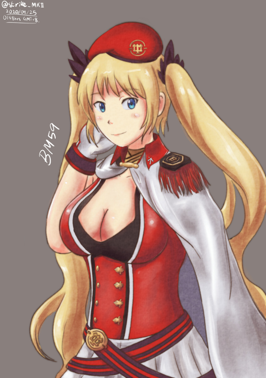 artist_name, beret, blonde_hair, blue_eyes, blush, bm59_(girls'_frontline), cape, character_name, dated, girls'_frontline, gloves, hat, highres, long_hair, military, military_uniform, skirt, solo, strikemkii, twintails, very_long_hair