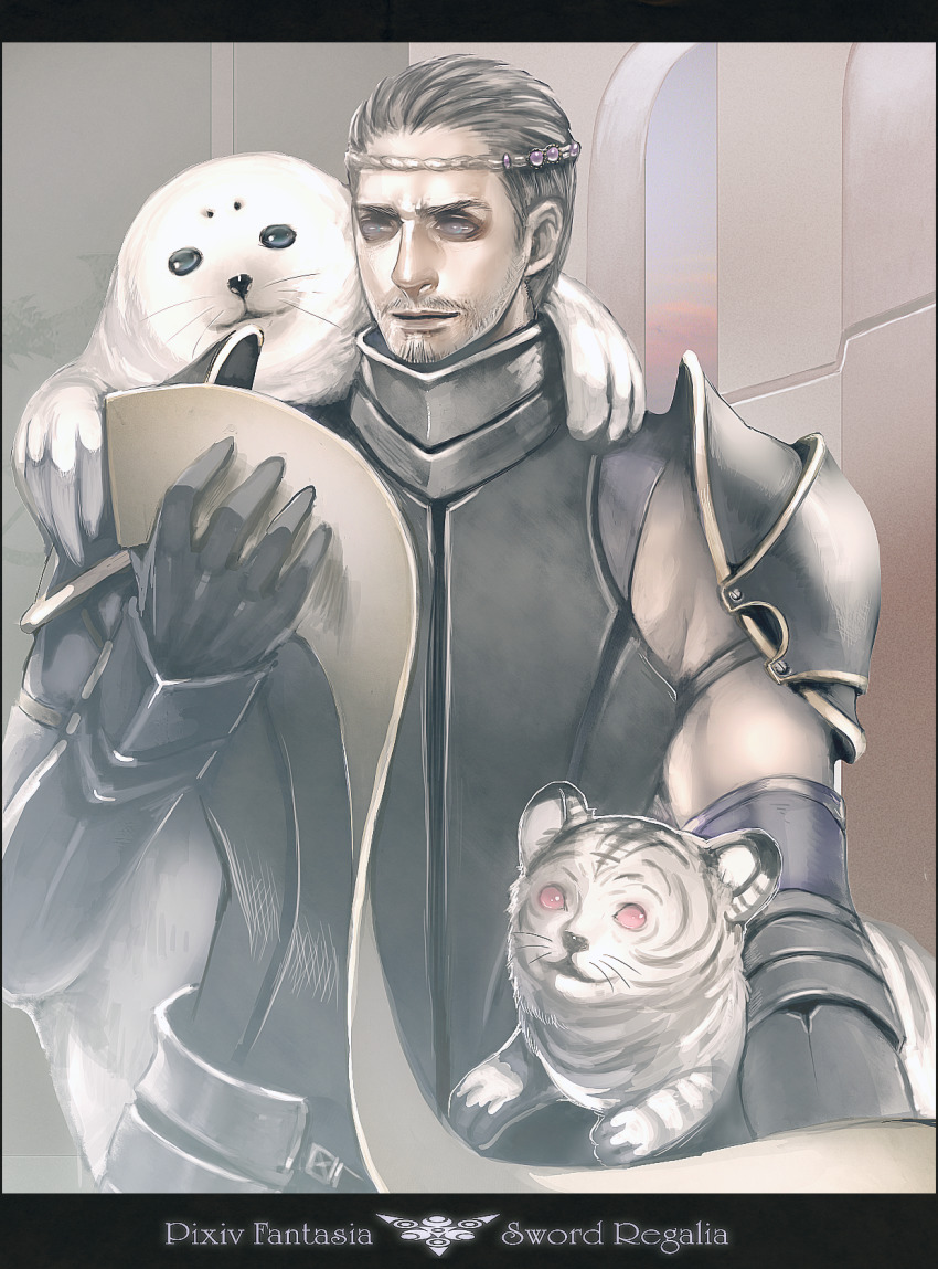 1boy, armor, baby_animal, bertolucci_(pixiv_fantasia), circlet, copyright_name, cub, facial_hair