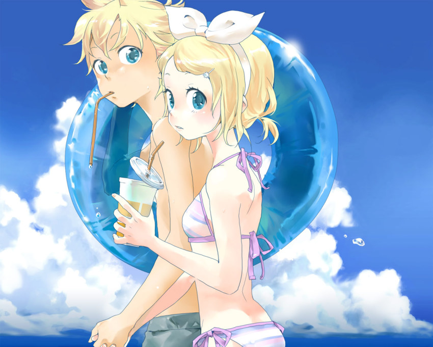 1boy, 1girl, bad_id, bad_pixiv_id, bikini, blonde_hair, blue_eyes, brother_and_sister