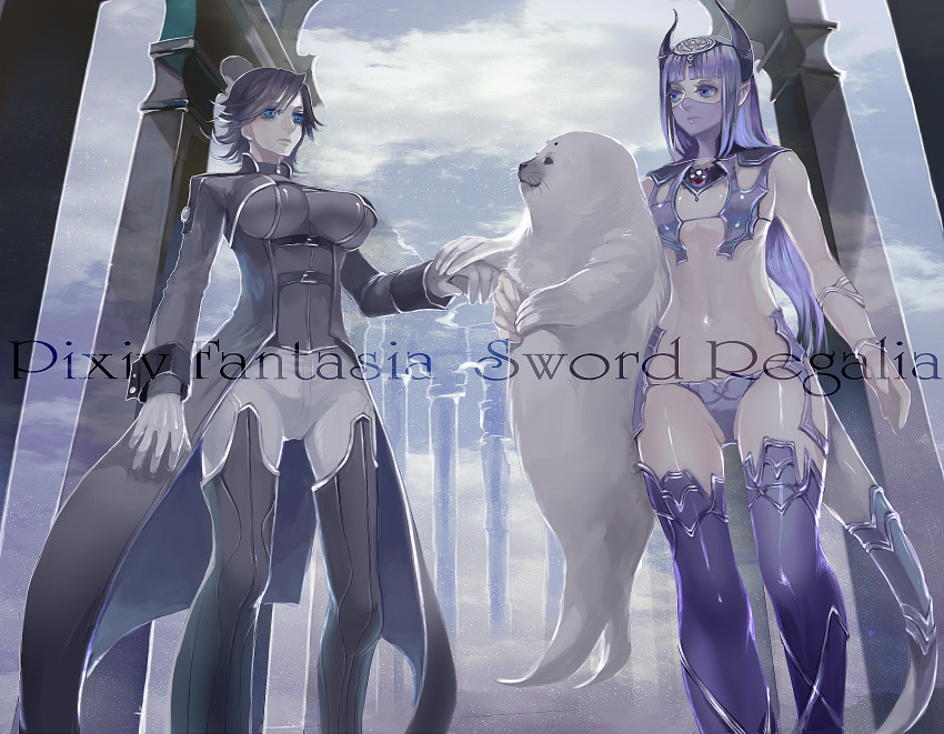2girls, animal, bertolucci_(pixiv_fantasia), black_hair, black_horns, blue_eyes, blunt_bangs, borrowed_character, breasts, eyelashes, fantasy, flat_chest, gloves, hair_ornament, handshake, highres, holding, holding_animal, horns, impossible_armor, impossible_clothes, impossible_underwear, jewelry, large_breasts, lips, long_hair, midriff, monster_girl, mouth_veil, multiple_girls, nicole_pmonachi, panties, pixiv_fantasia, pixiv_fantasia_sword_regalia, pointy_ears, purple_hair, seal_(animal), see-through_clothes, serenes_(pixiv_fantasia), shamny_(pixiv_fantasia), shiny_skin, skin_tight, string_panties, tail, thighhighs, underwear, veil