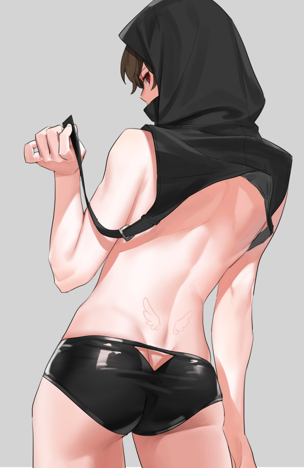 1boy, arm_at_side, ass, ass_cutout, back_tattoo, black_shorts, brown_hair, clothing_cutout, covered_mouth, cowboy_shot, from_behind, granblue_fantasy, grey_background, hand_up, holding, hood, hood_up, latex, looking_at_viewer, looking_back, male_focus, no_pants, profile, red_eyes, sandalphon_(granblue_fantasy), shorts, simple_background, skin_tight, solo, tattoo, tekki_(tki), topless_male, tramp_stamp, underwear, underwear_only, wing_tattoo