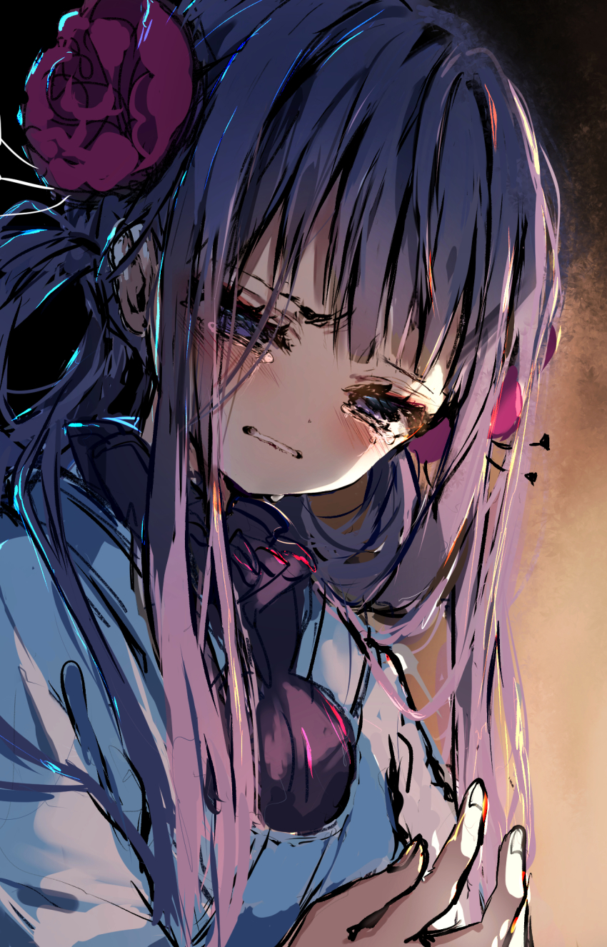 1girl, akane_aoi, blue_eyes, blush, commentary_request, flower, hair_flower, hair_ornament