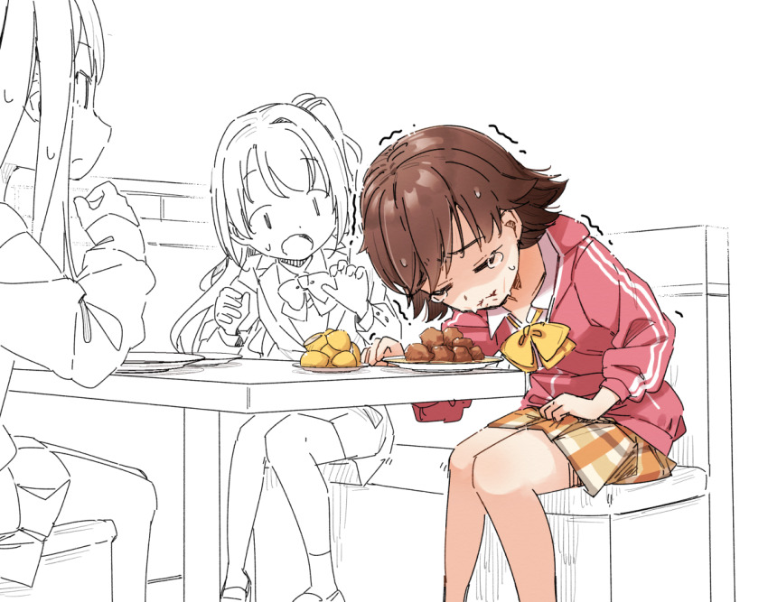3girls, bow, brown_hair, brown_skirt, chicken_(food), closed_eyes, closed_mouth, couch