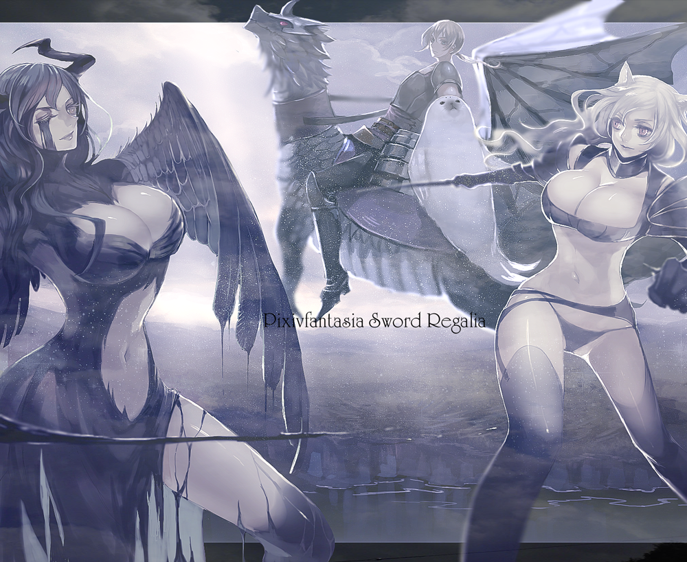 2boys, 2girls, ;), animal, animal_ears, armor, battle, bertolucci_(pixiv_fantasia)