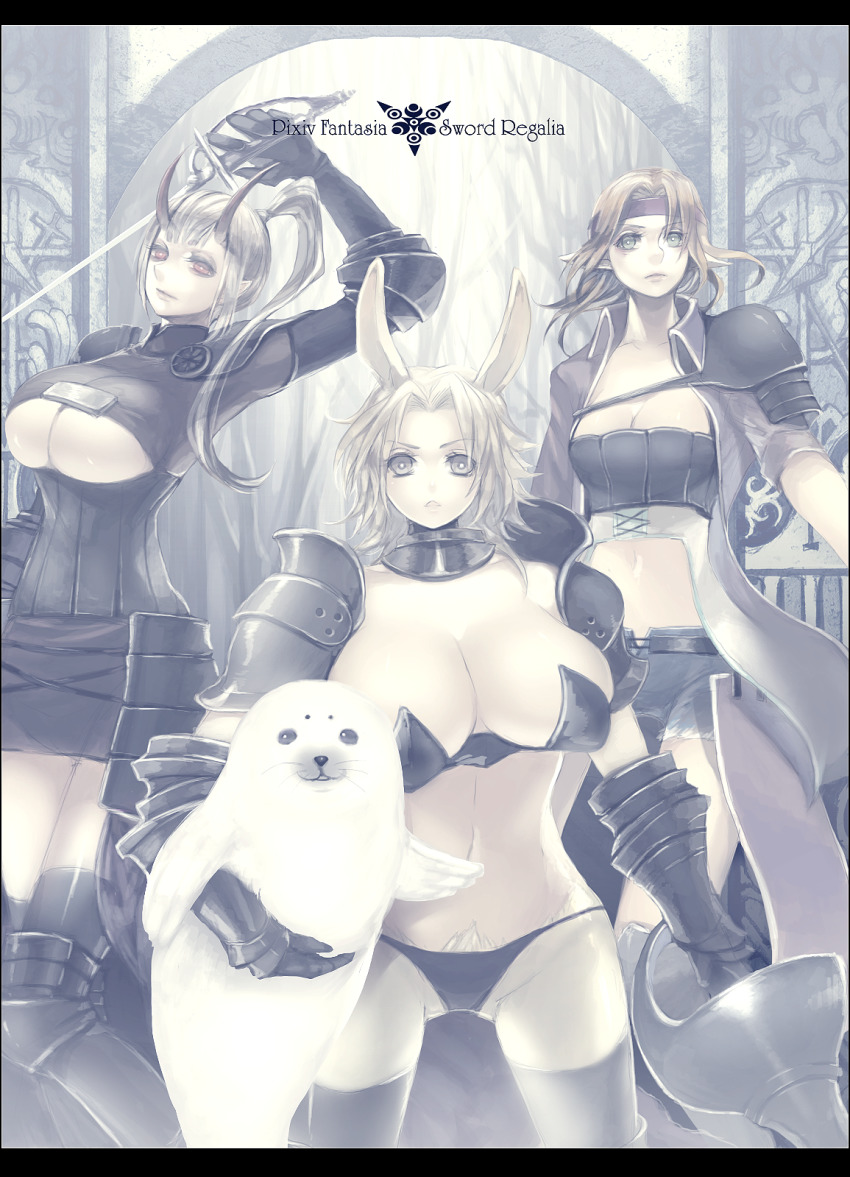 1boy, 3girls, animal, animal_ears, armor, bertolucci_(pixiv_fantasia), blonde_hair, breasts