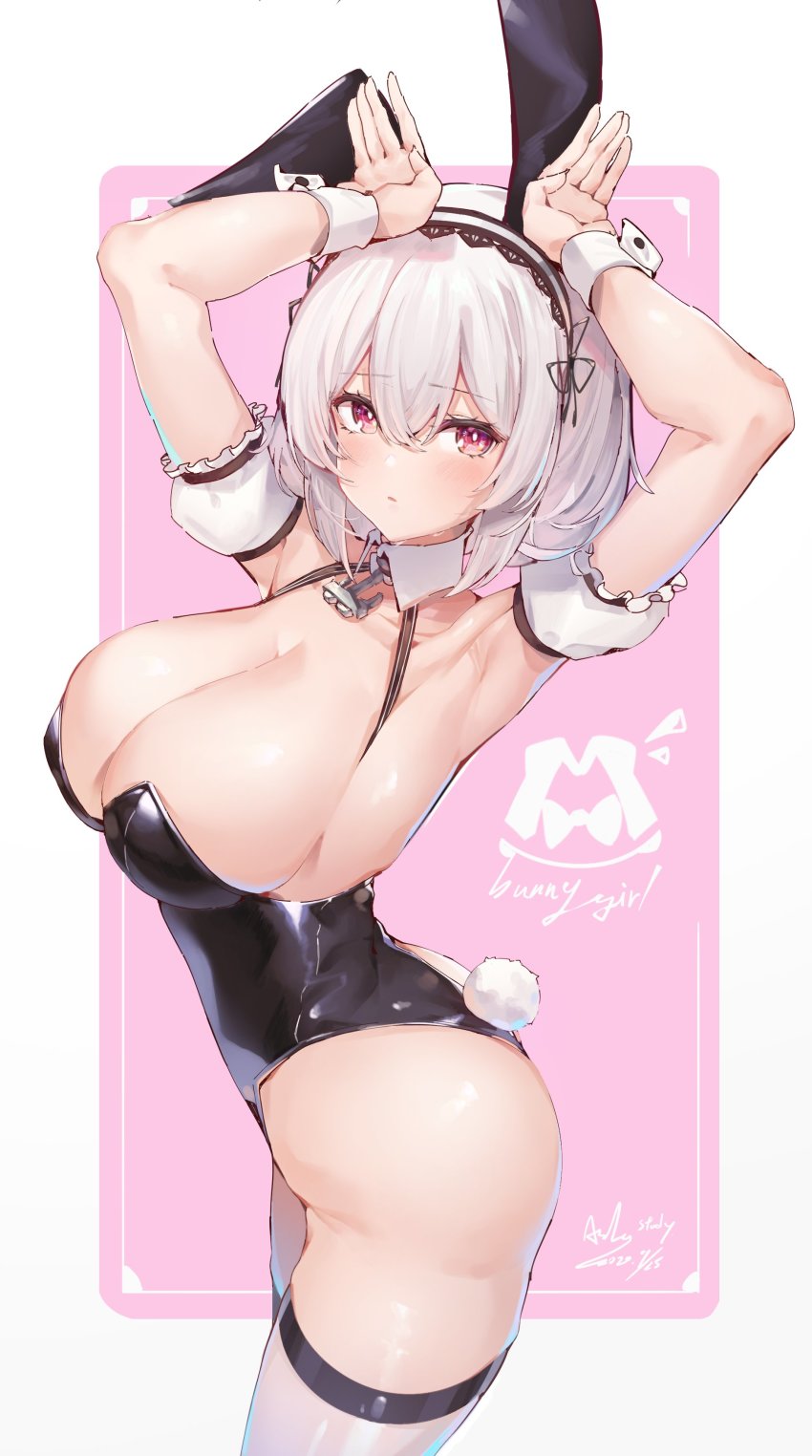 1girl, absurdres, animal_ears, armpits, arms_up, asla_yu, azur_lane, bare_shoulders, black_leotard, blush, breasts, cleavage, detached_collar, detached_sleeves, ear_gesture, fake_animal_ears, hair_between_eyes, highres, large_breasts, leotard, looking_at_viewer, parted_lips, playboy_bunny, puffy_short_sleeves, puffy_sleeves, rabbit_tail, red_eyes, short_hair, short_sleeves, signature, silver_hair, sirius_(azur_lane), solo, standing, strapless, strapless_leotard, tail, thighhighs, thighs, white_thighhighs, wrist_cuffs