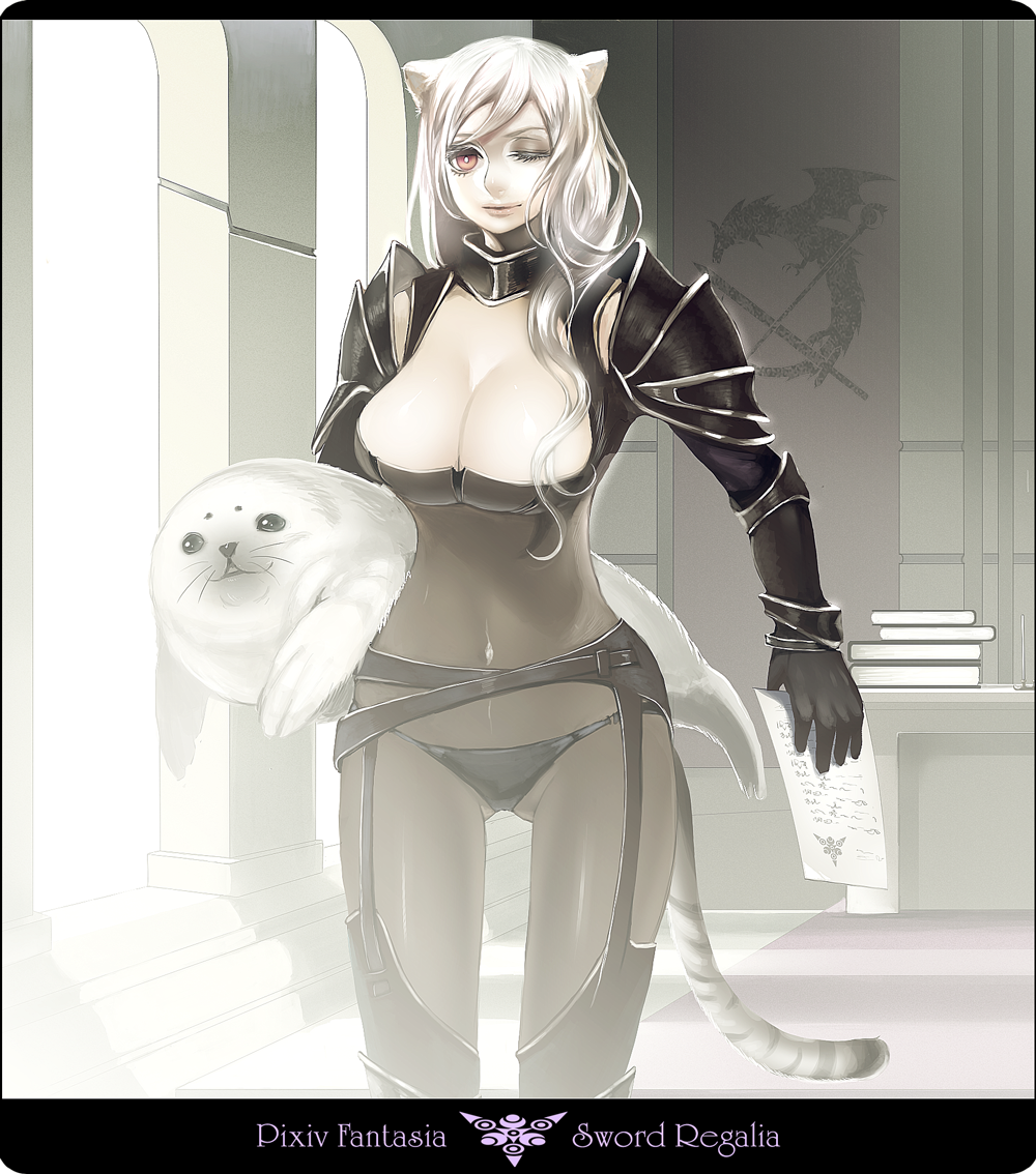 1boy, 1girl, ;), animal, animal_ears, armor, bertolucci_(pixiv_fantasia), black_gloves, breasts, cleavage, copyright_name, eyelashes, fantasy, garter_belt, gloves, gluteal_fold, holding, holding_animal, impossible_armor, impossible_clothes, indoors, kitty_blanche_(pixiv_fantasia), large_breasts, letterboxed, lips, long_hair, nicole_pmonachi, one_eye_closed, panties, pixiv_fantasia, pixiv_fantasia_sword_regalia, red_eyes, seal_(animal), see-through_clothes, see-through_legwear, shoulder_armor, smile, string_panties, tail, thighhighs, thighs, tiger_ears, tiger_tail, underwear, vambraces