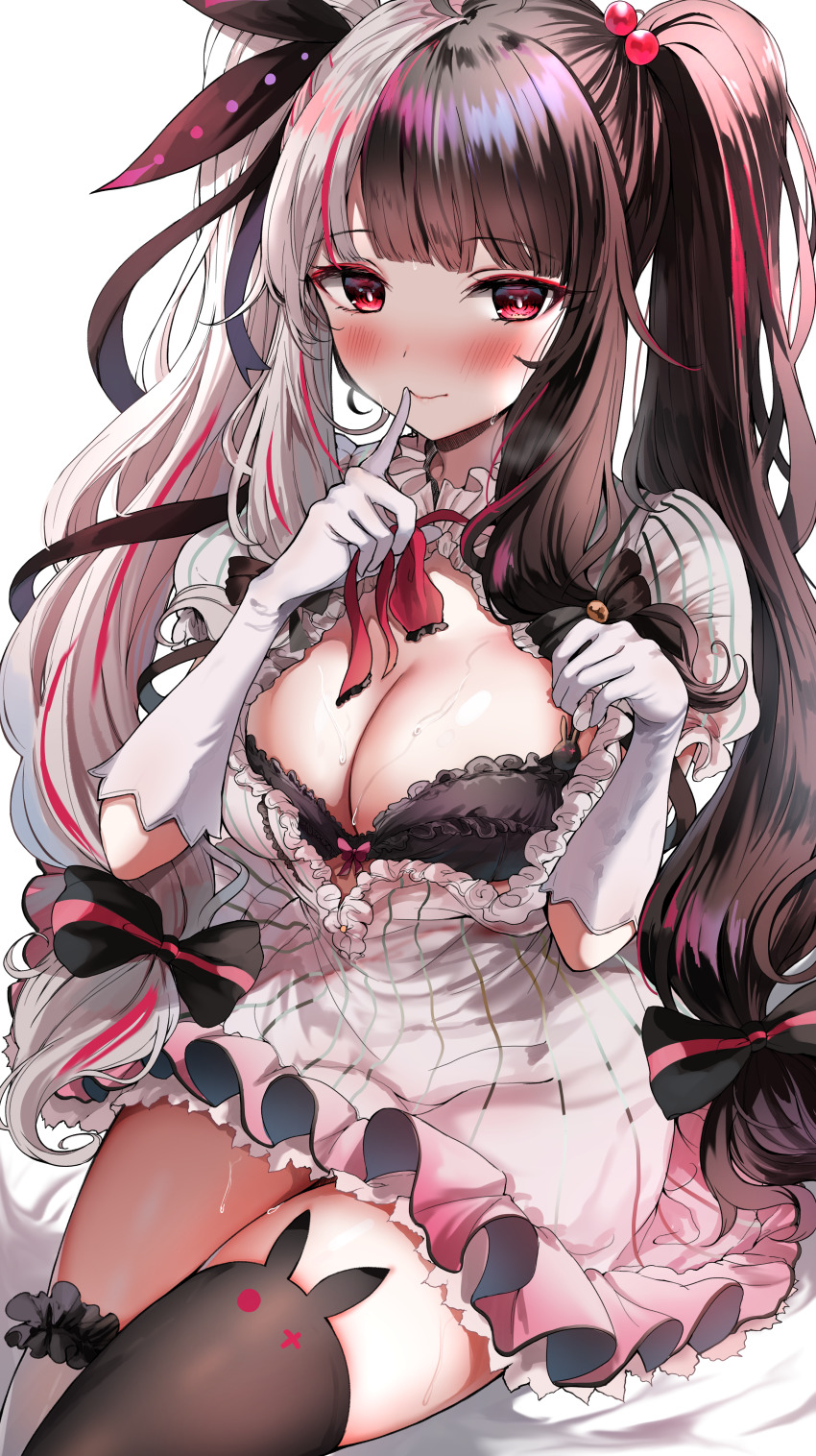 1girl, absurdres, blush, bow, bra, breasts, brown_hair, cleavage