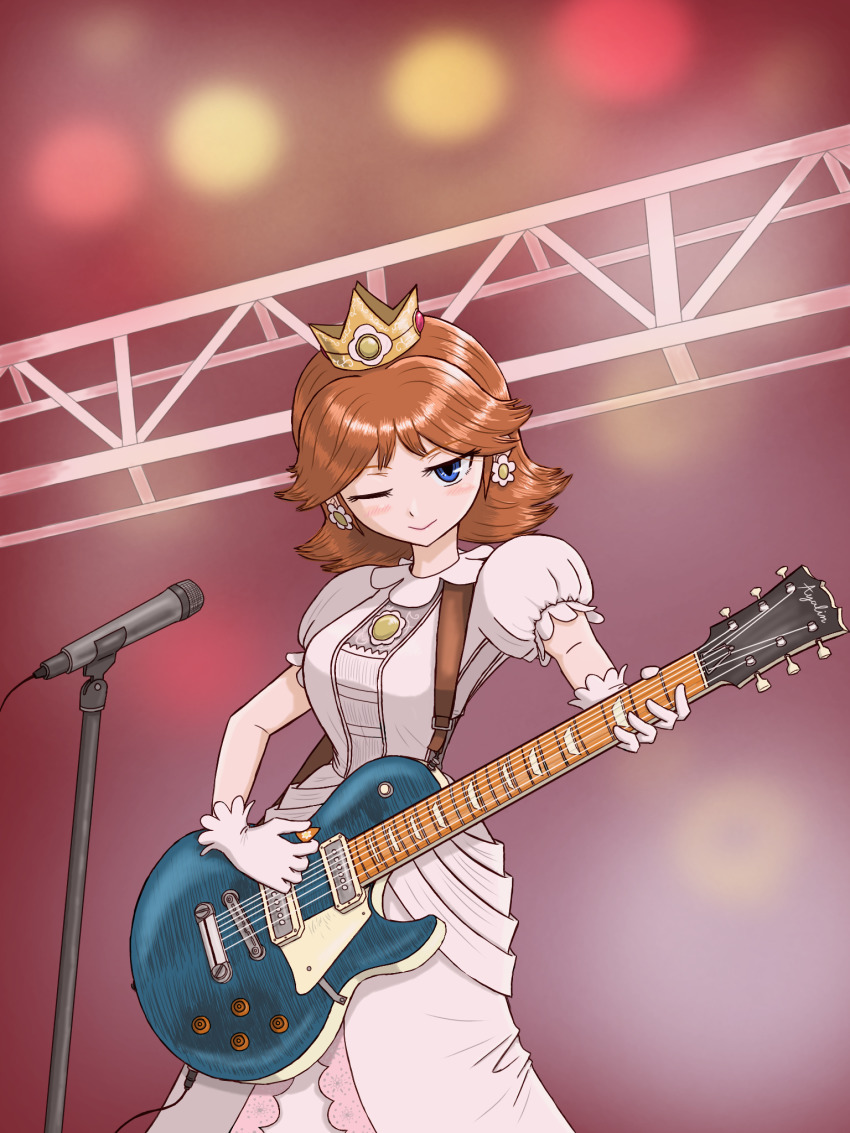 1girl, blue_eyes, breasts, brown_hair, crown, dress, earrings, flower_earrings, gem, gloves, guitar, half_smile, highres, holding_instrument, instrument, jewelry, looking_at_viewer, mario_(series), microphone, nintendo, princess_daisy, puffy_short_sleeves, puffy_sleeves, short_sleeves, solo, stage_lights, super_mario_land, super_smash_bros., tomboy, white_dress, wink