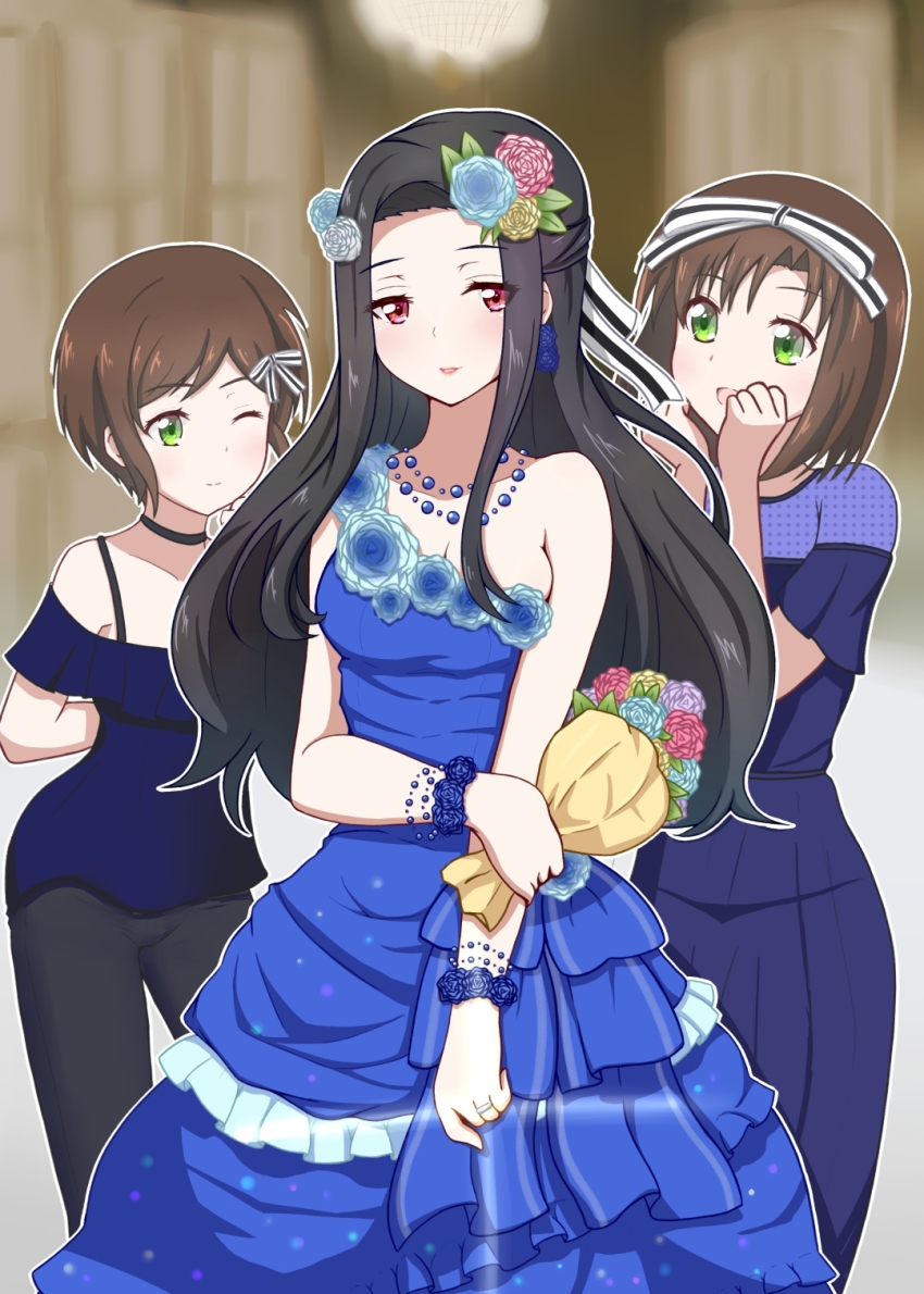 213, 3girls, black_hair, blue_dress, bouquet, breasts, brown_hair, cleavage