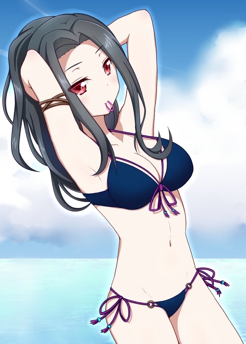 1girl, 213, armpits, bikini, black_bikini, black_hair, breasts, cleavage, hair_tie_in_mouth, halterneck, highres, leaning_back, mahouka_koukou_no_rettousei, medium_breasts, midriff, mouth_hold, navel, red_eyes, saegusa_mayumi, side-tie_bikini_bottom, solo, swimsuit, tying_hair