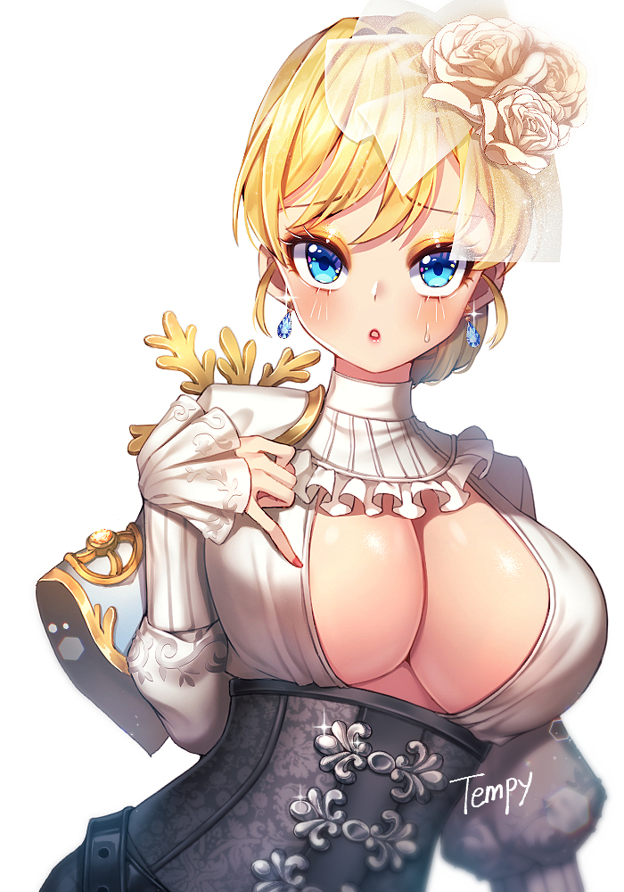 1girl, :o, artist_name, blonde_hair, blue_eyes, blue_gem, blush, breasts