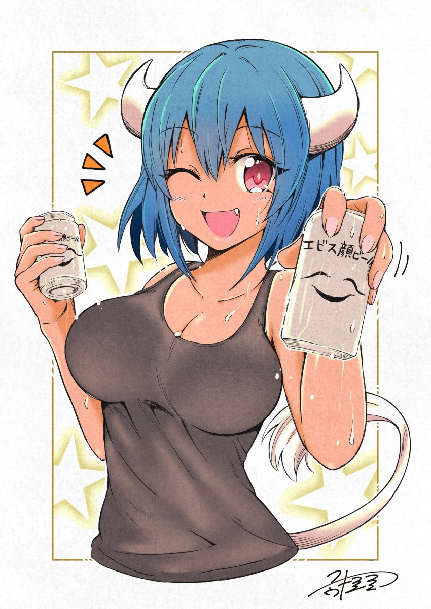 1girl, absurdres, bad_id, bad_twitter_id, bare_shoulders, black_tank_top, blue_hair, blush