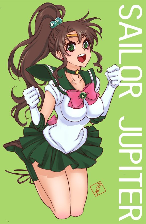1girl, bishoujo_senshi_sailor_moon, boots, breasts, brown_hair, character_name, choker, clenched_hands, collarbone, commentary_request, elbow_gloves, full_body, gloves, green_background, green_boots, green_choker, green_eyes, green_sailor_collar, green_skirt, hands_up, jewelry, kanoe_youshi, kino_makoto, kneeling, large_breasts, long_hair, looking_at_viewer, magical_girl, miniskirt, neck, necklace, open_mouth, ponytail, sailor_collar, sailor_jupiter, sailor_senshi_uniform, simple_background, skirt, smile, solo, star_(symbol), star_necklace, super_sailor_jupiter, teeth, tiara, upper_teeth_only, white_gloves