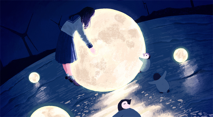 1girl, bird, black_footwear, blue_skirt, blue_theme, full_moon, hug, long_sleeves, moon, night, ocean, original, penguin, scenery, school_uniform, serafuku, shirt, skirt, sky, tabisumika, water_surface, white_shirt, windmill