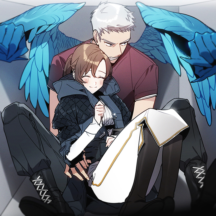 1boy, 1girl, annoyed, blush, boots, borrowed_clothes, brown_hair, cross-laced_footwear, devil_may_cry_(series), devil_may_cry_5, feathered_wings, glowing, glowing_wings, honey_dogs, jacket, kyrie_(devil_may_cry), nero_(devil_may_cry), short_hair, silver_hair, sitting, sitting_on_lap, sitting_on_person, smile, wings