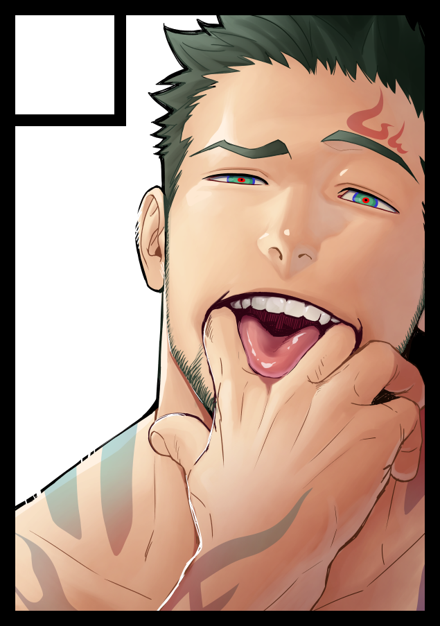 1boy, bara, beard, black_hair, close-up, facial_hair, finger_in_own_mouth, green_eyes, gyee, itto_(mentaiko), looking_at_viewer, male_focus, manly, muscular, priapus, priapus_(gyee), red_pupils, sexually_suggestive, short_hair, solo, tattoo, tongue, topless_male
