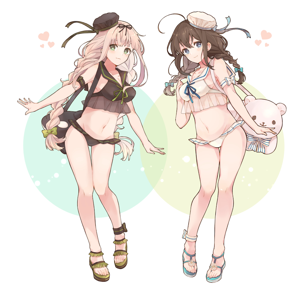 2girls, bikini, black_bikini, blonde_hair, brown_hair, hair_ornament, hair_ribbon, hat