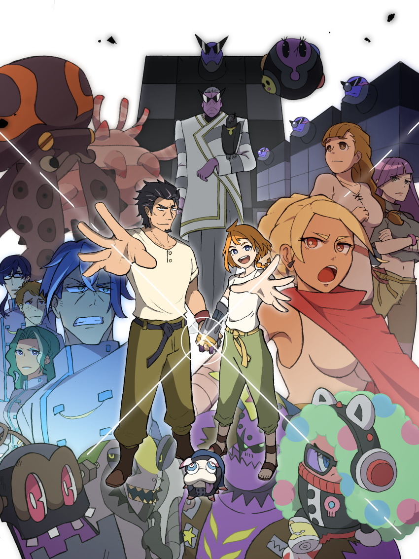 6+boys, 6+girls, absurdres, bad_id, bad_pixiv_id, bird, bird_on_hand, blonde_hair, breasts, brown_hair, colored_skin, crop_top, crossed_arms, cyclops, decadence_(anime), donatello_(decadence), everyone, fei_(decadence), gadoll, green_pants, highres, hugin_(decadence), jill_(decadence), kaburagi_(decadence), kurenai_(decadence), linmei_(decadence), medium_breasts, minato_(decadence), multicolored_hair, multiple_boys, multiple_girls, munin_(decadence), natsume_(decadence), navel, one-eyed, operator_a, operator_b, operator_c, outstretched_hand, pants, pipe_(decadence), prosthesis, prosthetic_arm, purple_hair, purple_skin, red_eyes, robot, sarkozy_(decadence), sharp_teeth, shirt, sparkle, streaked_hair, tan, teeth, turkey_(decadence), white_background, white_shirt, yanagi_e