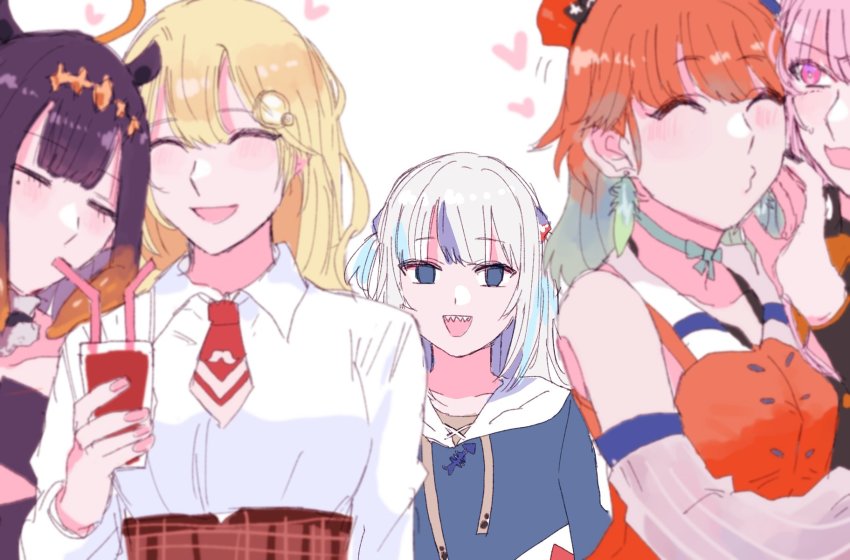 5girls, alpholo_v, annoyed, aqua_hair, blank_eyes, blonde_hair, blouse, blue_hair, blunt_bangs, blush, closed_eyes, detached_sleeves, drinking, gawr_gura, gawr_gura_(1st_costume), gradient_hair, grey_hair, heart, highres, hololive, hololive_english, holomyth, hood, hoodie, left_out, long_sleeves, mole, mole_under_eye, mori_calliope, mori_calliope_(1st_costume), multicolored_hair, multiple_girls, nail_polish, neck_ribbon, necktie, ninomae_ina'nis, ninomae_ina'nis_(1st_costume), open_mouth, orange_hair, pink_eyes, pink_hair, purple_hair, red_neckwear, ribbon, sharp_teeth, shirt, smile, takanashi_kiara, takanashi_kiara_(1st_costume), teeth, virtual_youtuber, watson_amelia, watson_amelia_(1st_costume), white_background, yuri