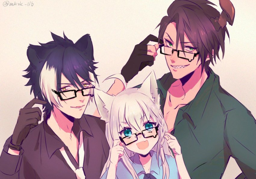 1girl, 2boys, adjusting_eyewear, ahoge, animal_ears, aragami_oga, black_hair, blouse