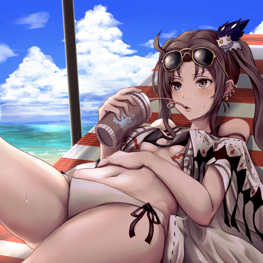 1girl, bare_shoulders, beach, beach_chair, bikini, blue_sky, blush, breasts