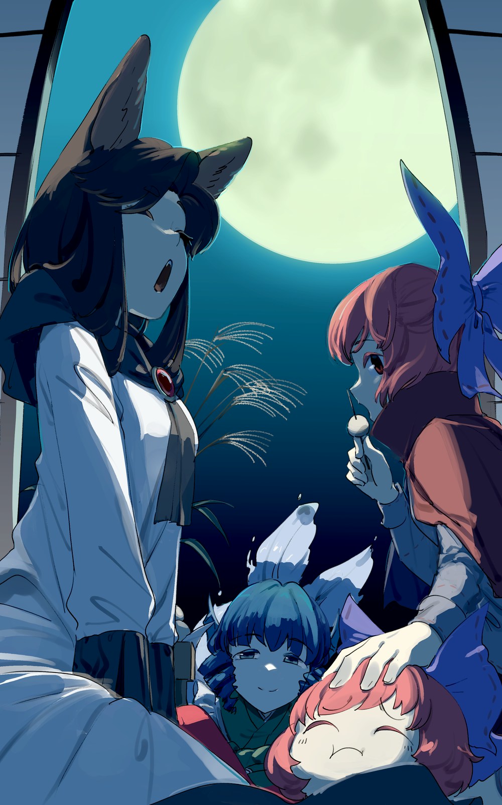 3girls, animal_ears, black_shirt, blue_bow, blue_hair, bow, brooch, brown_hair
