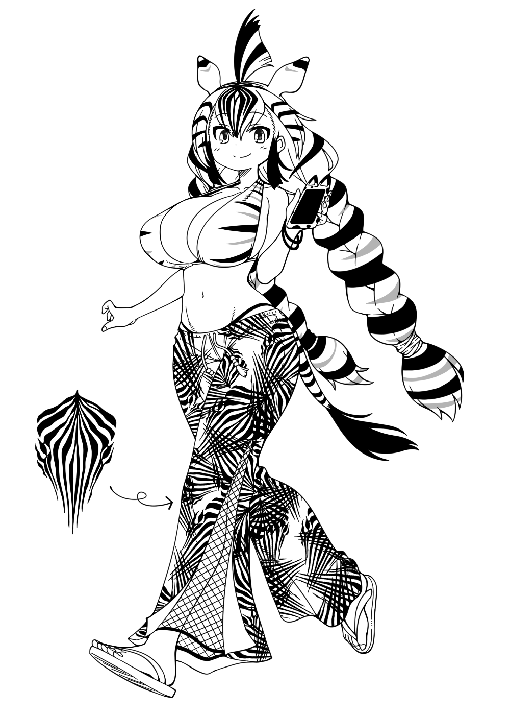 1girl, alternate_breast_size_(larger), alternate_costume, alternate_hairstyle, animal_ears, animal_print, arrow_(symbol), bare_arms