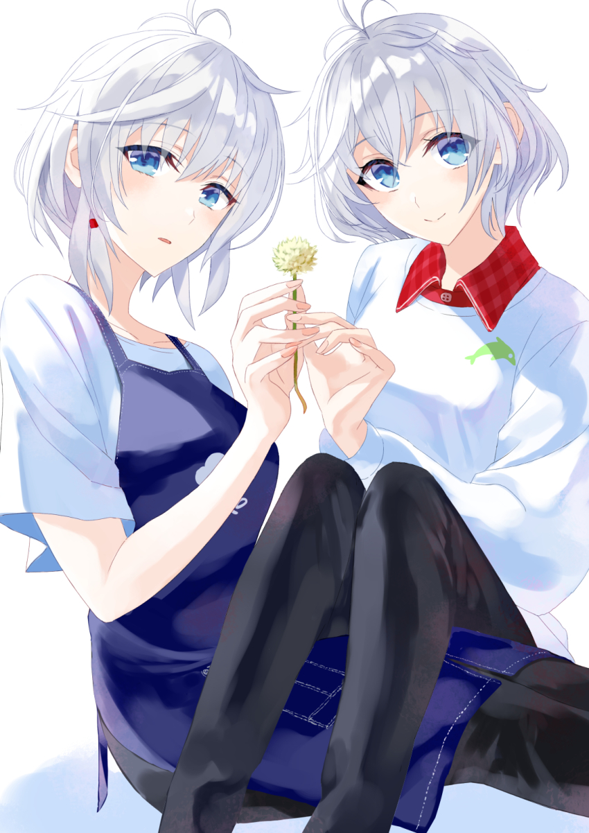 .live, 2girls, agetake, ahoge, antenna_hair, blue_eyes, character_request, check_character, check_copyright, commentary_request, copyright_request, hair_ornament, highres, multiple_girls, short_hair, dennou_shoujo_siro, sirotsumekusa, smile, virtual_youtuber, white_hair