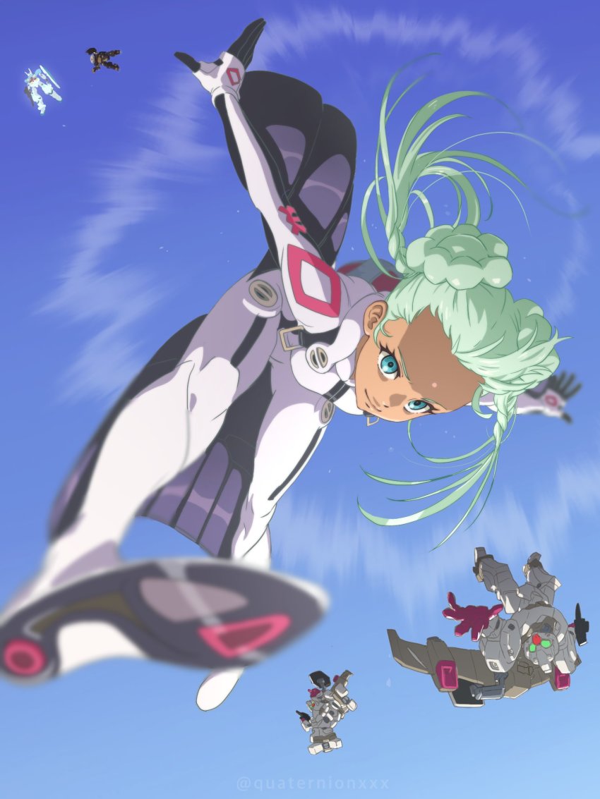 1girl, artist_name, blue_eyes, cait_sith_(gundam_g_no_reconguista), dark_skin, double_bun, falling, g-self