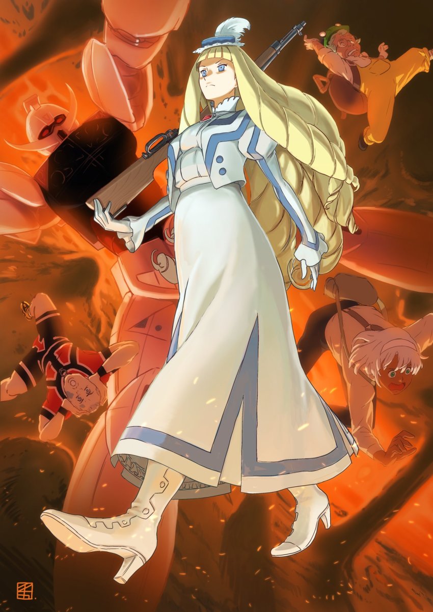 1girl, 3boys, _(gundam), bald, blonde_hair, blue_eyes, corin_nander, dark_skin, dianna_soreil, gun, gundam, highres, holding, holding_gun, holding_weapon, ichika_(quaternionxxx), long_hair, loran_cehack, mecha, multiple_boys, old, old_man, rifle, robot, sid_munzer_(gundam), solo_focus, turn_a_gundam, turn_a_gundam_(mobile_suit), walking, weapon