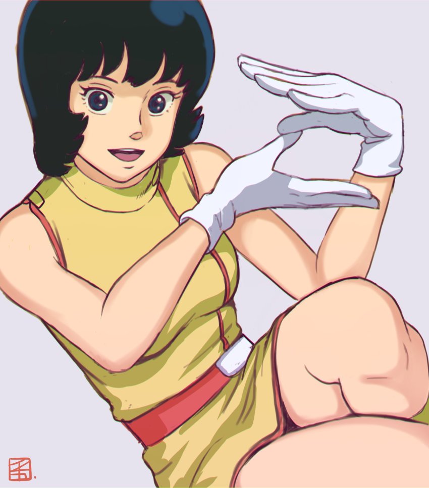 1girl, black_eyes, black_hair, breasts, fa_yuiry, grey_background, gundam, hand_gesture