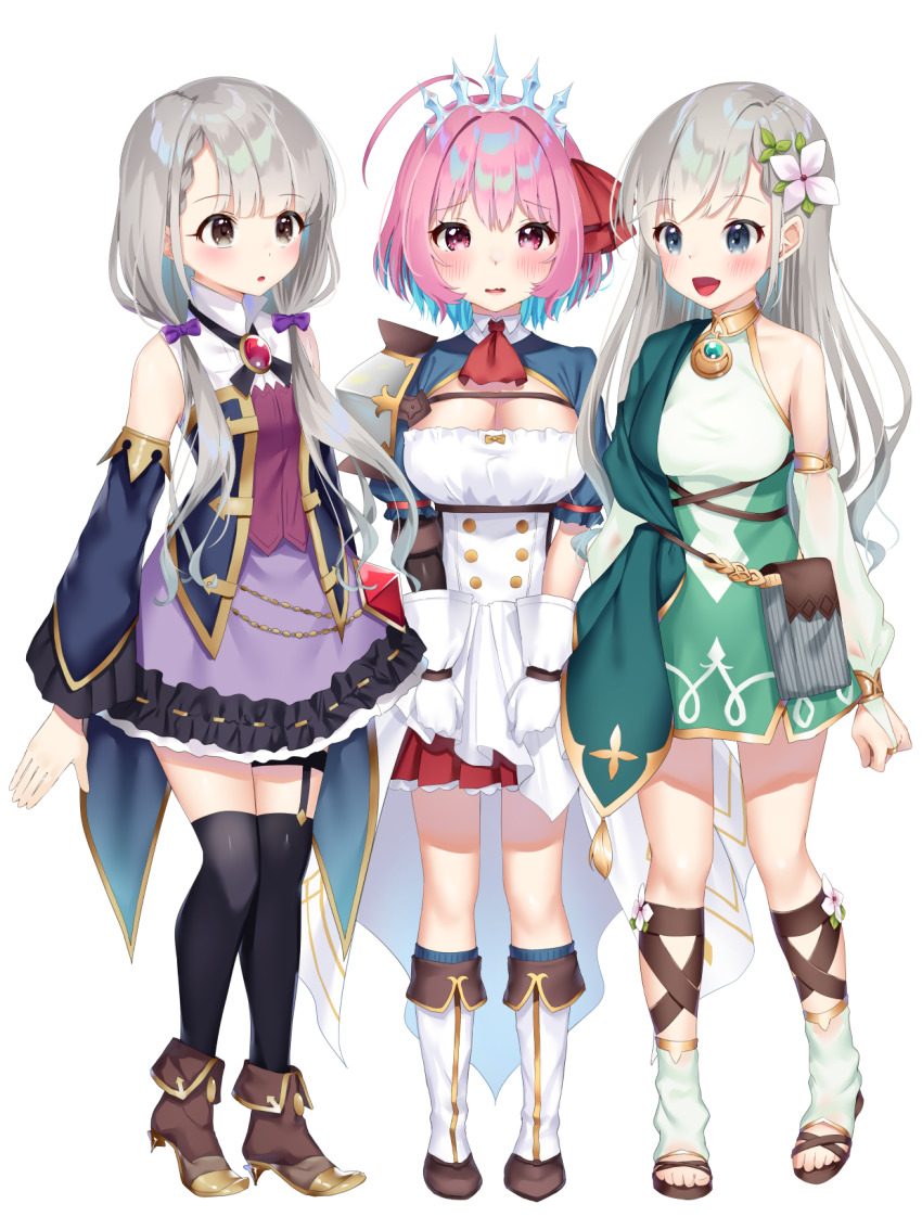 3girls, :o, ahoge, armor, ascot, bare_shoulders, black_bow, black_socks