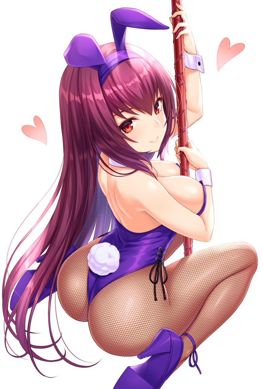 1girl, animal_ears, ass, back, blush, breasts, cleavage, closed_mouth