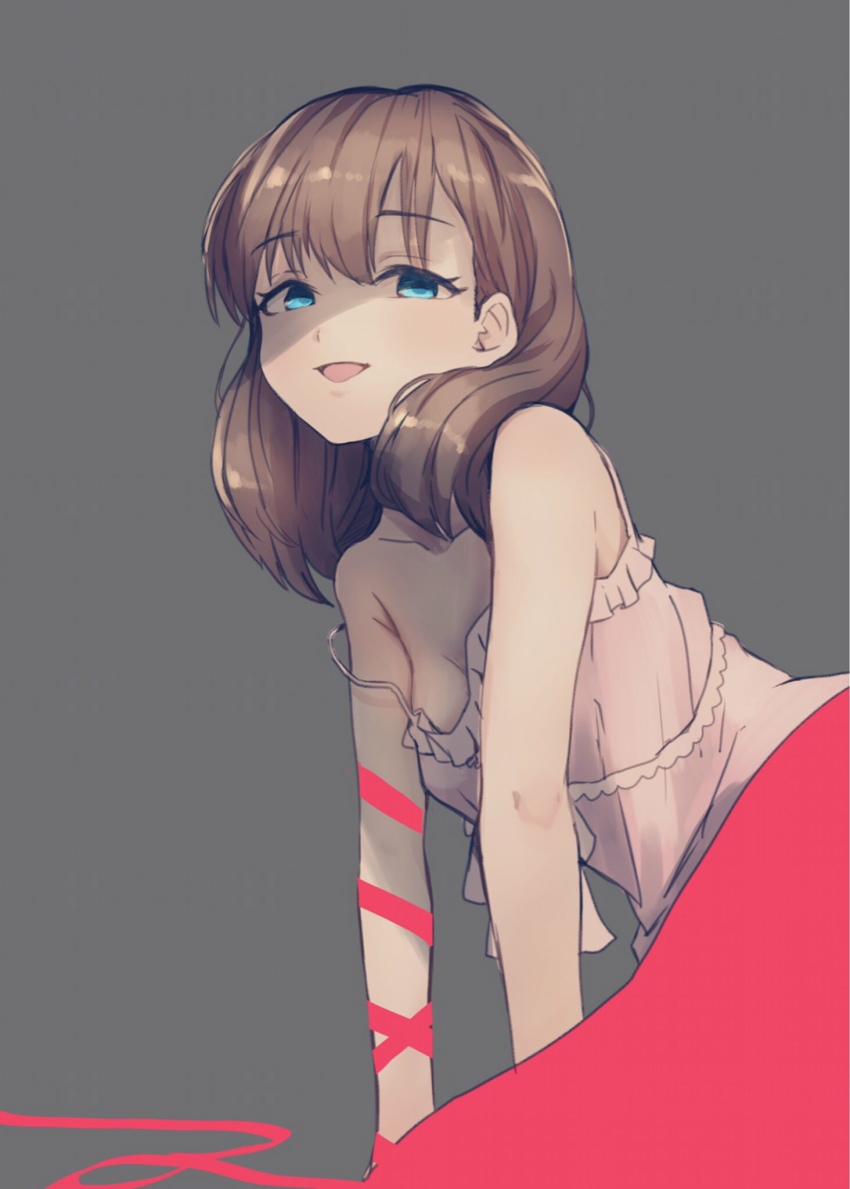 1girl, blue_eyes, brown_hair, clip_studio_paint_(medium), greatpengh, grey_background, hair_behind_ear, highres