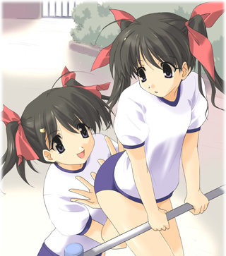 00s, 2girls, buruma, dress, futakoi, gym_uniform, hinagiku_lala, hinagiku_lulu, lowres, multiple_girls, sasaki_mutsumi, school, siblings, sisters, twins