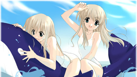 00s, 2girls, beach, blonde_hair, casual_one-piece_swimsuit, day, dolphin, futakoi