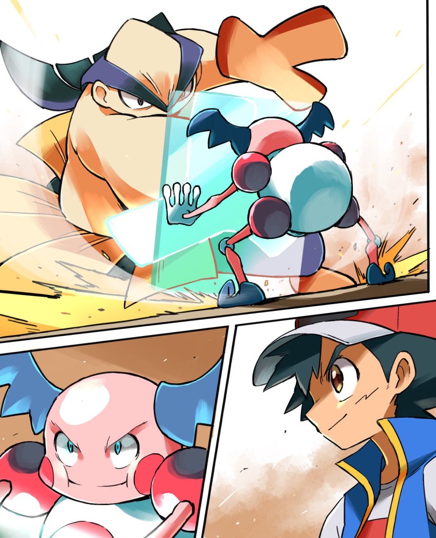 1boy, aqua_eyes, ash_ketchum, baseball_cap, battle, black_hair, blue_jacket, brown_eyes