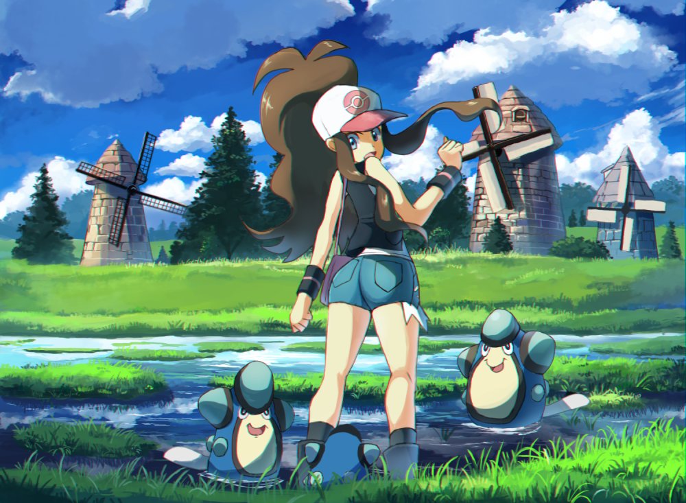 1girl, bad_id, bad_twitter_id, baseball_cap, black_vest, brown_hair, cloud, commentary_request