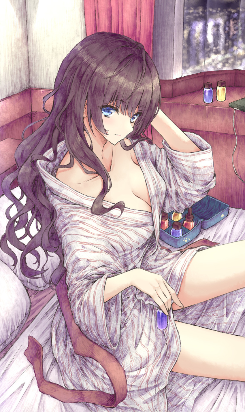 1girl, aramachi, bare_legs, bed, blue_eyes, bottle, breasts, brown_hair